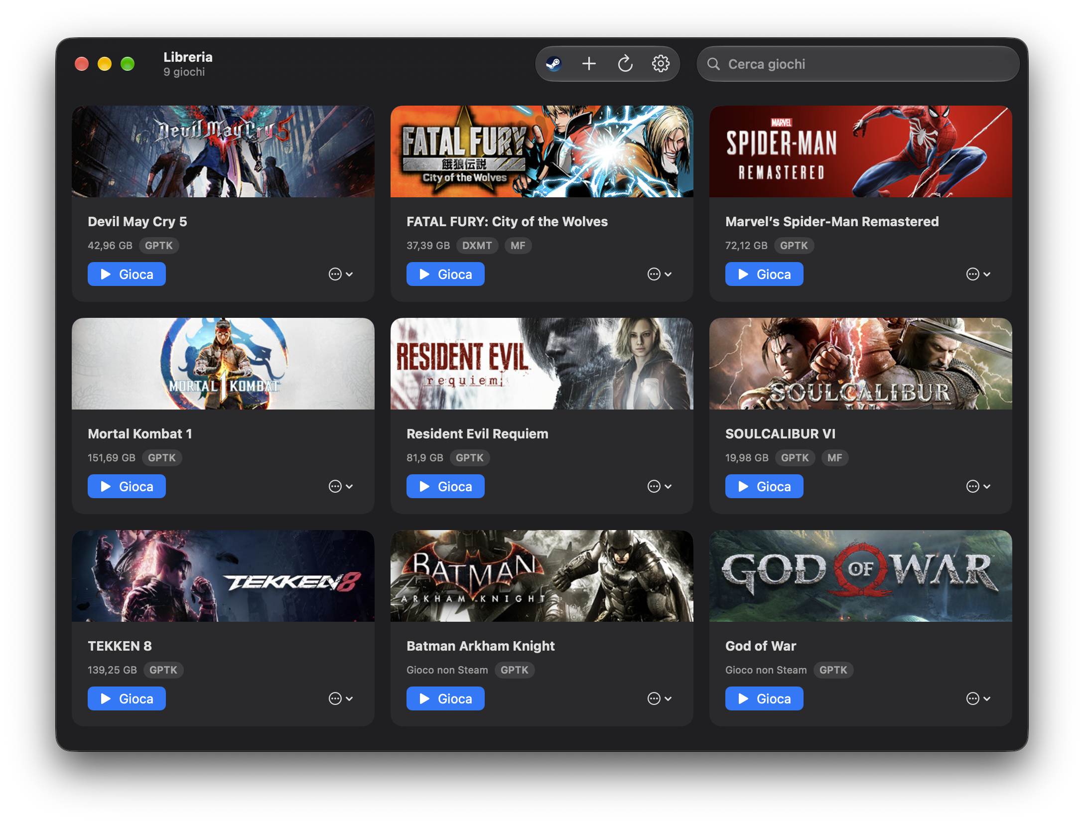 Silo library window — a grid of nine installed games (Devil May Cry 5, Fatal Fury: City of the Wolves, Marvel's Spider-Man Remastered, Mortal Kombat 1, Resident Evil Requiem, Soulcalibur VI, Tekken 8, plus Batman Arkham Knight and God of War as non-Steam games), each with cover art, install size, a per-game graphics-backend badge (Automatic, GPTK, or DXMT) plus an MF badge on the games that run in the Media Foundation bottle, and a Play button